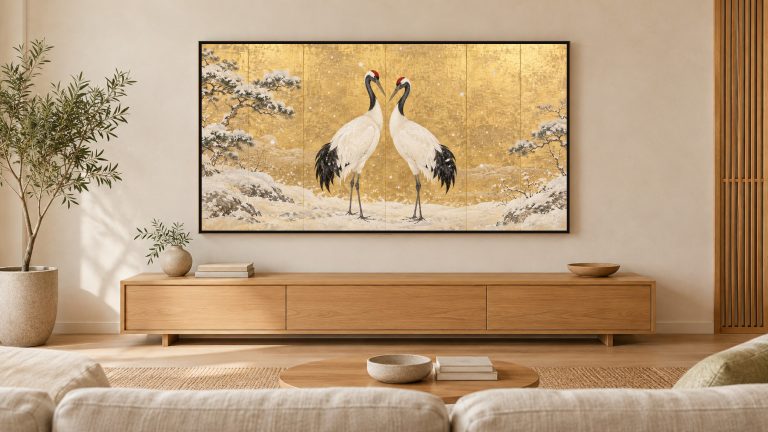 Pair of Red-crowned Cranes in Snow shown on a wall-mounted 16:9 TV in a living room