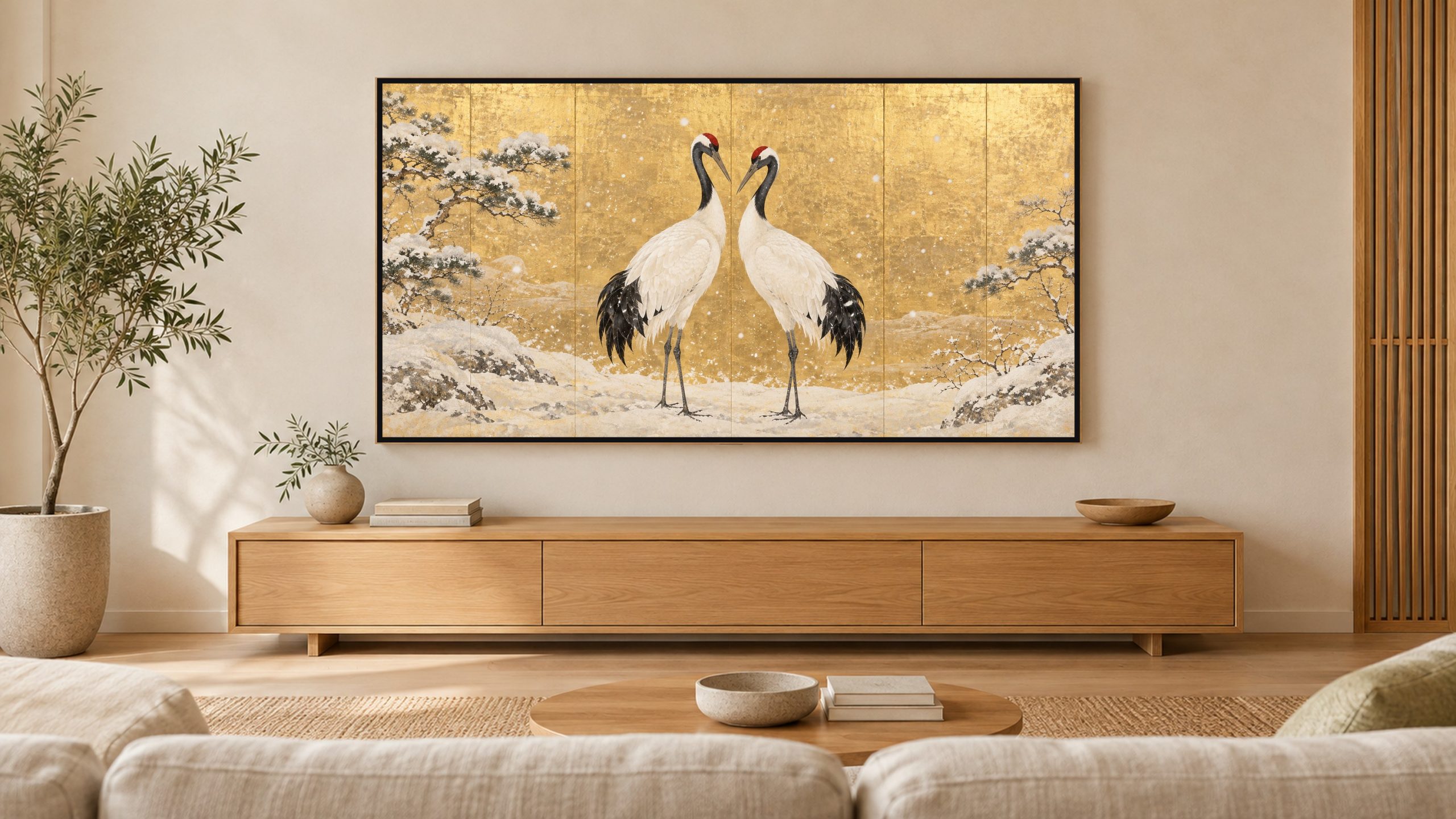 Pair of Red-crowned Cranes in Snow shown on a wall-mounted 16:9 TV in a living room