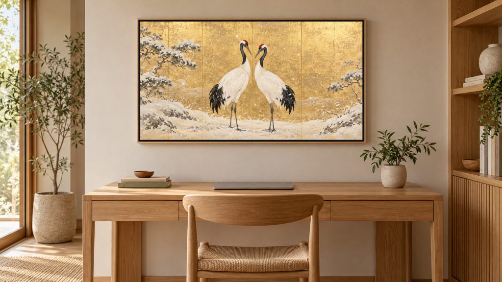 Pair of Red-crowned Cranes in Snow shown on a wall-mounted 16:9 TV in a home office