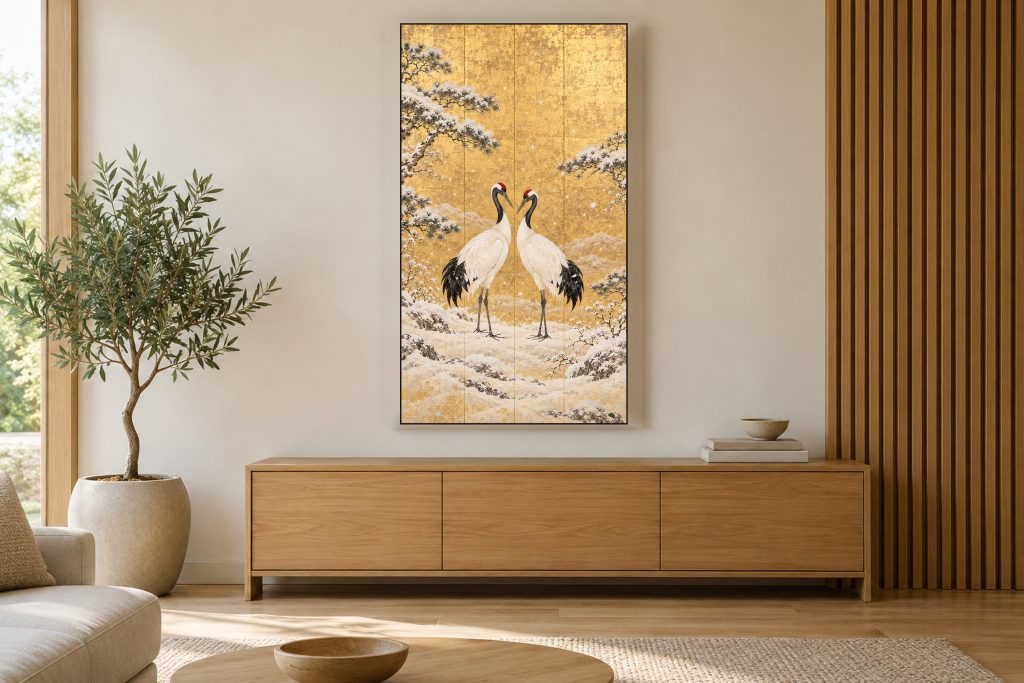 Pair of Red-crowned Cranes in Snow shown on a vertically mounted TV in a room setting