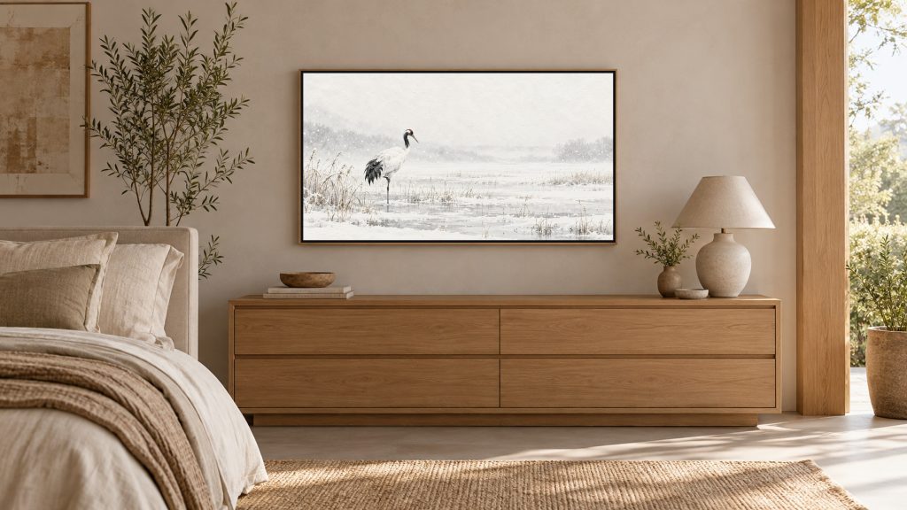 Lone Crane in a Snowy Marsh shown on a wall-mounted 16:9 TV in a bedroom