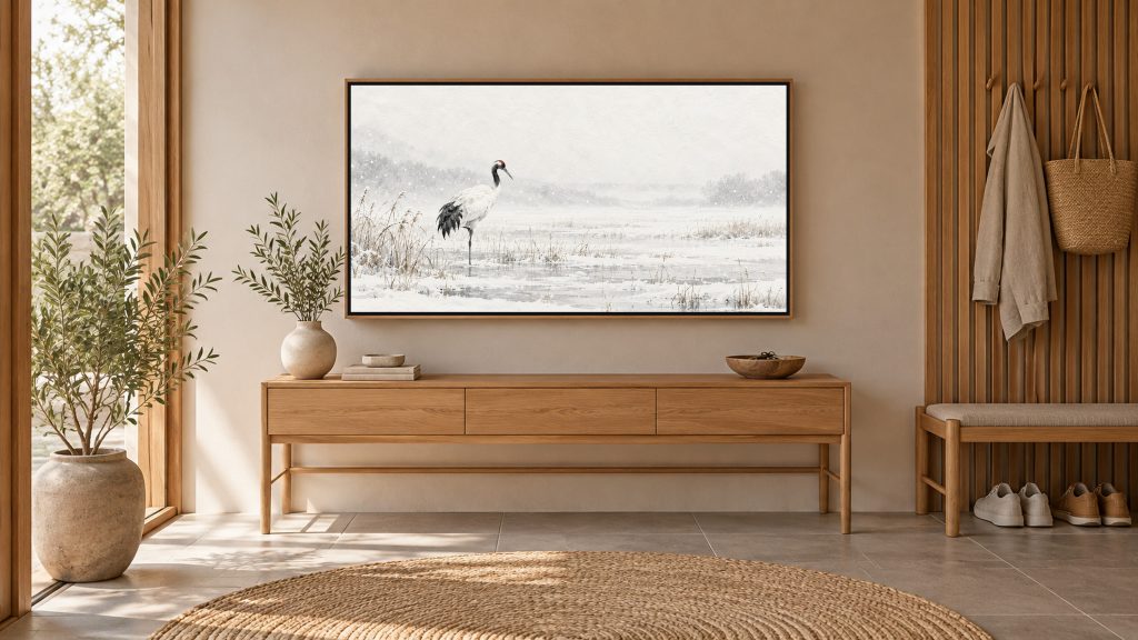 Lone Crane in a Snowy Marsh shown on a wall-mounted 16:9 TV in an entryway