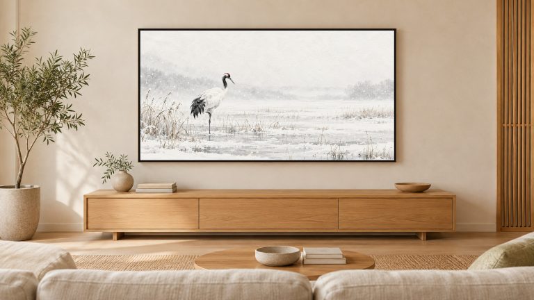 Lone Crane in a Snowy Marsh shown on a wall-mounted 16:9 TV in a living room