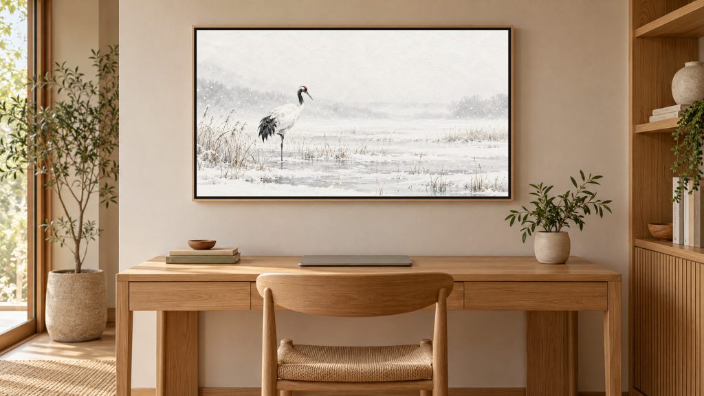 Lone Crane in a Snowy Marsh shown on a wall-mounted 16:9 TV in a home office