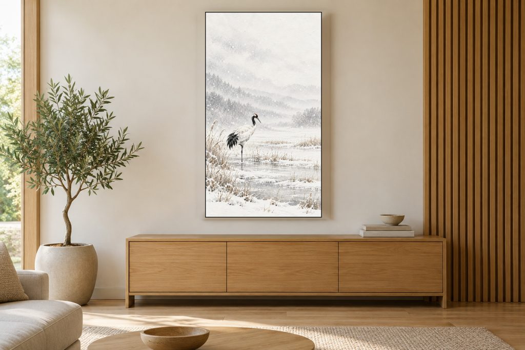 Lone Crane in a Snowy Marsh shown on a vertically mounted TV in a room setting