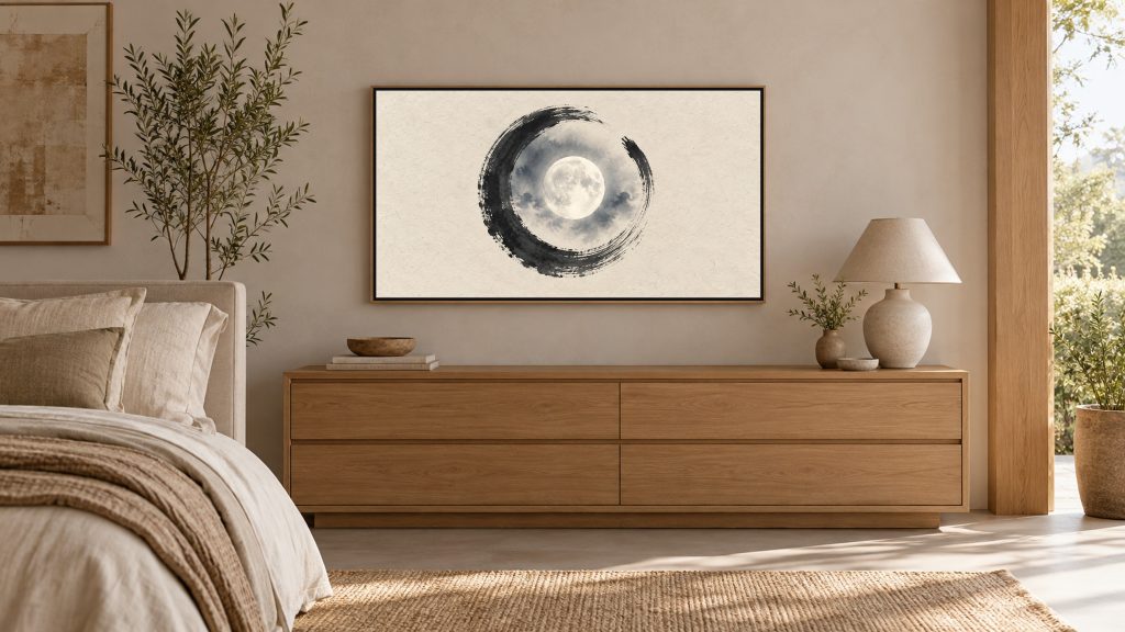 Enso Moon Night Ink shown on a wall-mounted 16:9 TV in a bedroom