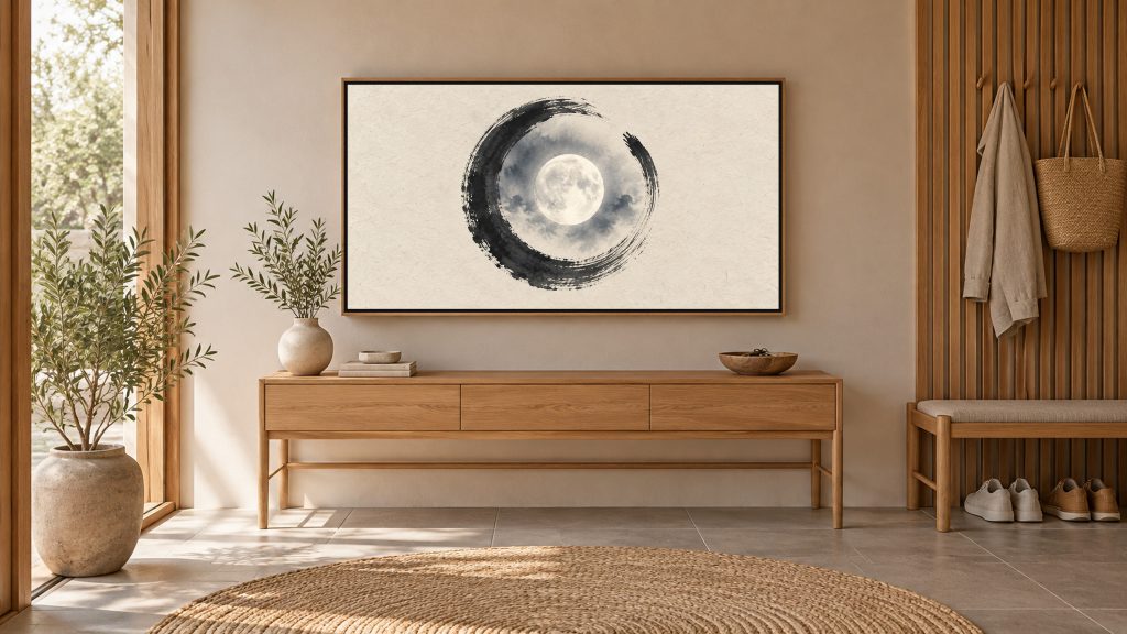 Enso Moon Night Ink shown on a wall-mounted 16:9 TV in an entryway