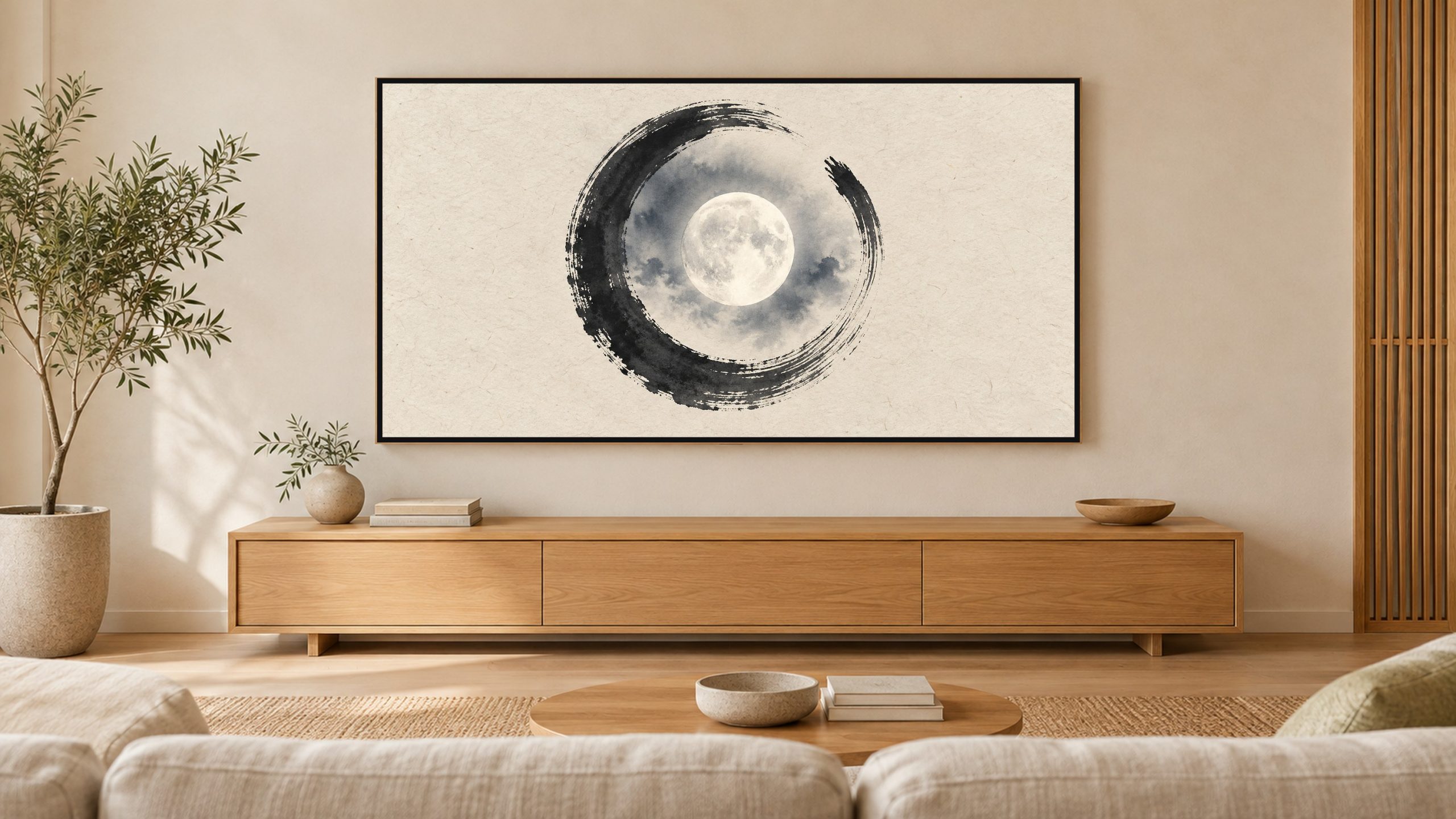 Enso Moon Night Ink shown on a wall-mounted 16:9 TV in a living room