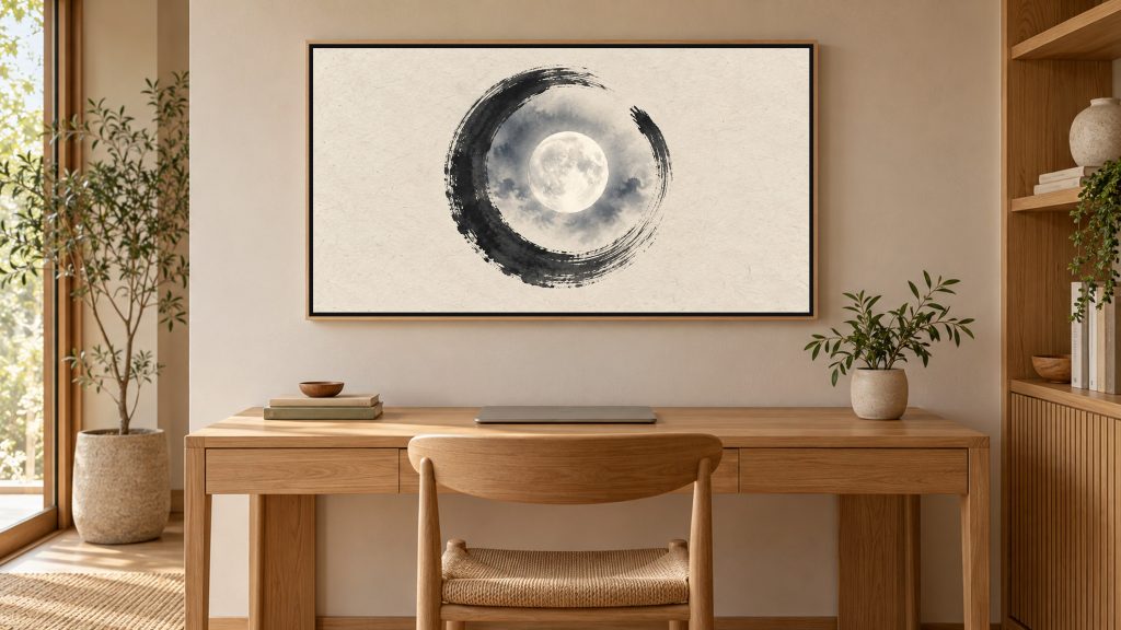 Enso Moon Night Ink shown on a wall-mounted 16:9 TV in a home office