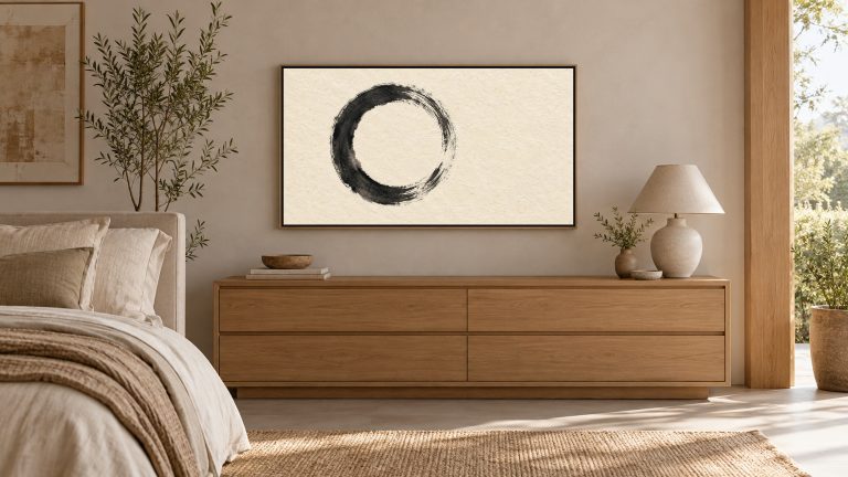 Enso Circle Zen Ink shown on a wall-mounted 16:9 TV in a bedroom
