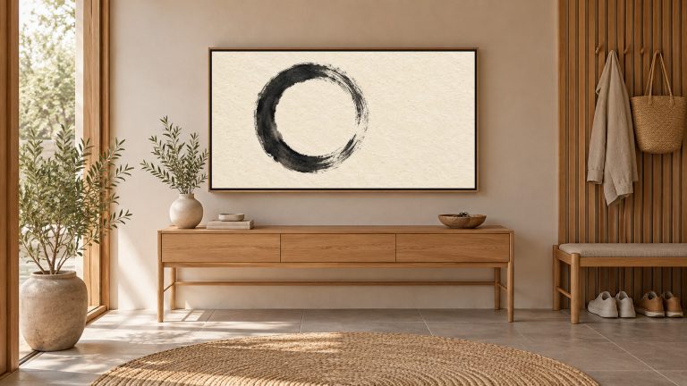 Enso Circle Zen Ink shown on a wall-mounted 16:9 TV in an entryway
