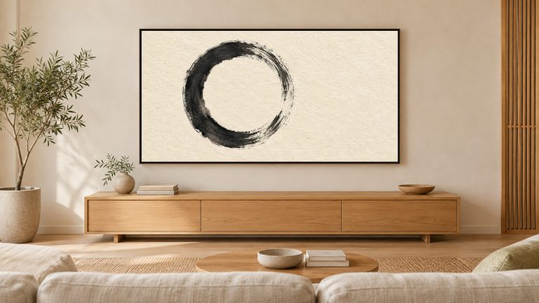 Enso Circle Zen Ink shown on a wall-mounted 16:9 TV in a living room