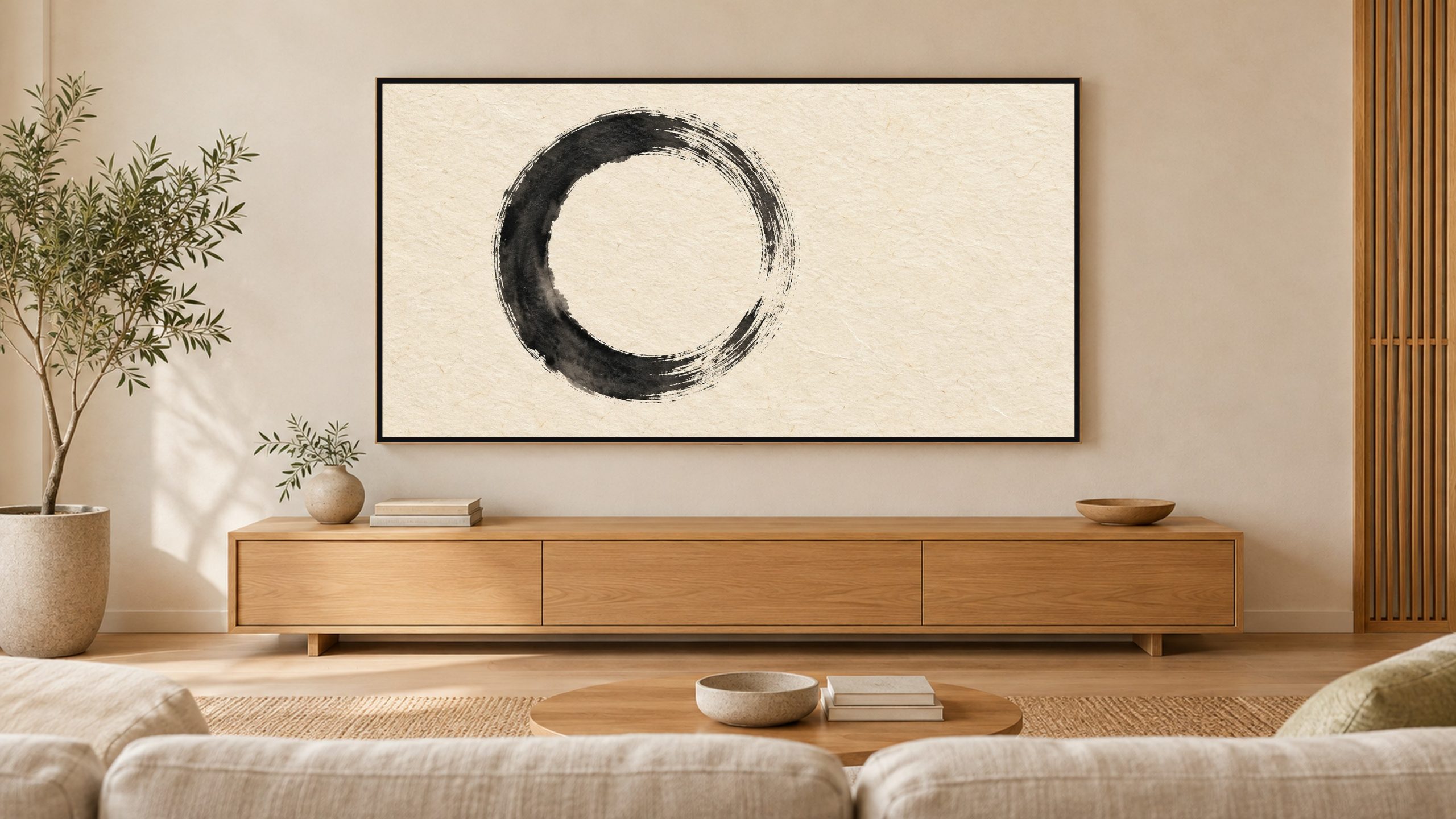 Enso Circle Zen Ink shown on a wall-mounted 16:9 TV in a living room