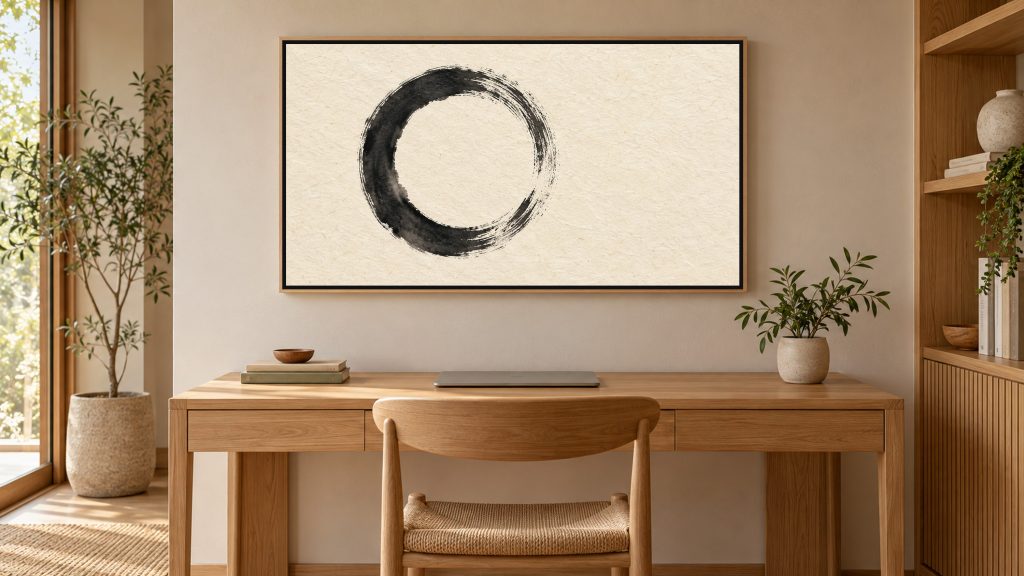 Enso Circle Zen Ink shown on a wall-mounted 16:9 TV in a home office