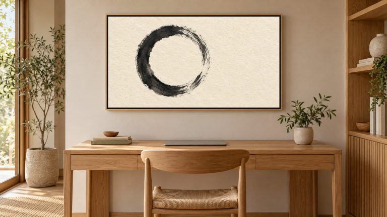 Enso Circle Zen Ink shown on a wall-mounted 16:9 TV in a home office