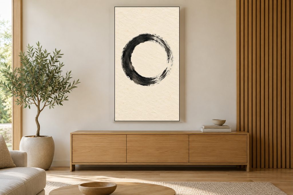Enso Circle Zen Ink shown on a vertically mounted TV in a room setting
