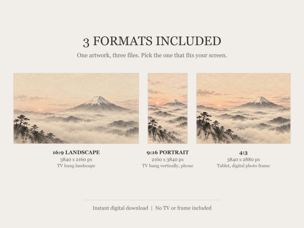 Mount Fuji in Morning Mist: the three included formats, 16:9, 9:16 and 4:3