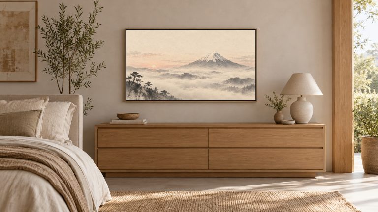 Mount Fuji in Morning Mist shown on a wall-mounted 16:9 TV in a bedroom