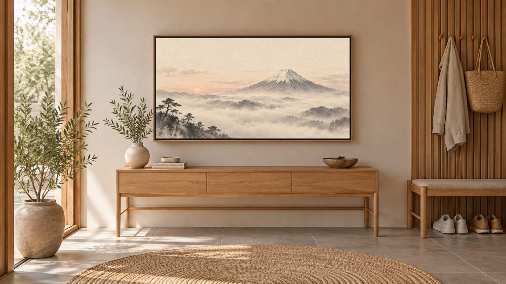 Mount Fuji in Morning Mist shown on a wall-mounted 16:9 TV in an entryway