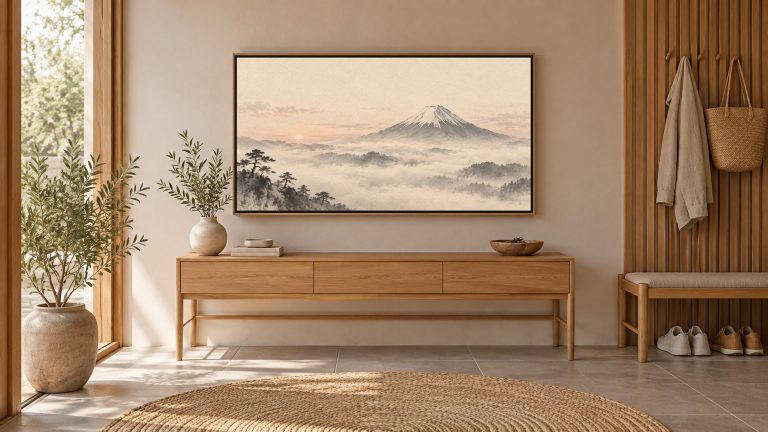 Mount Fuji in Morning Mist shown on a wall-mounted 16:9 TV in an entryway