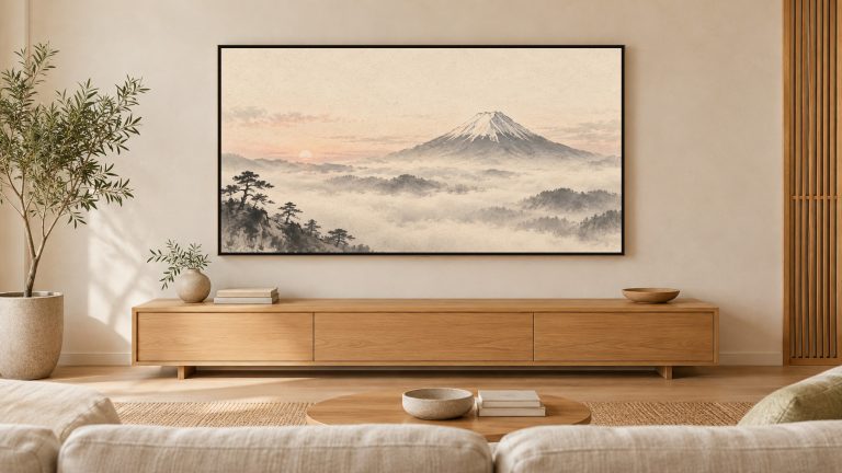 Mount Fuji in Morning Mist shown on a wall-mounted 16:9 TV in a living room
