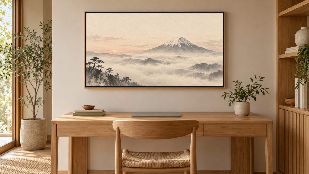 Mount Fuji in Morning Mist shown on a wall-mounted 16:9 TV in a home office