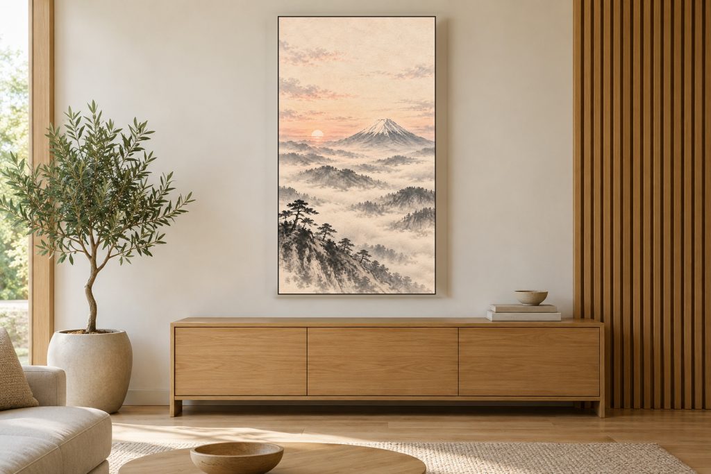 Mount Fuji in Morning Mist shown on a vertically mounted TV in a room setting