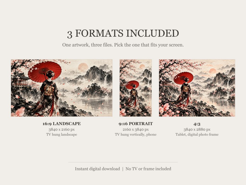 Geisha with Umbrella from Behind: the three included formats, 16:9, 9:16 and 4:3