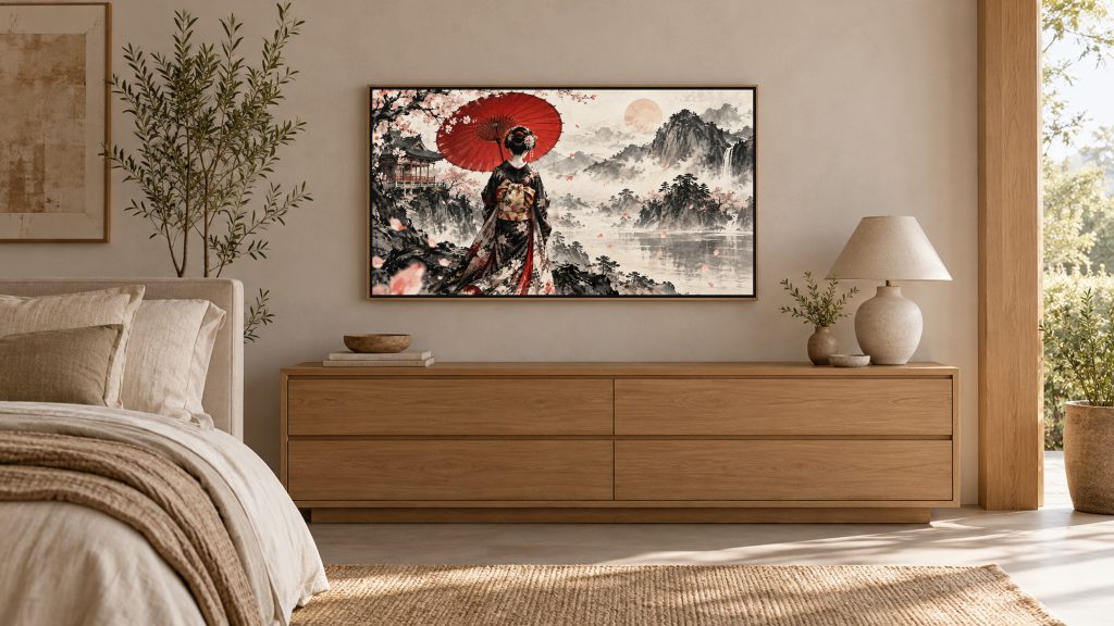 Geisha with Umbrella from Behind shown on a wall-mounted 16:9 TV in a bedroom