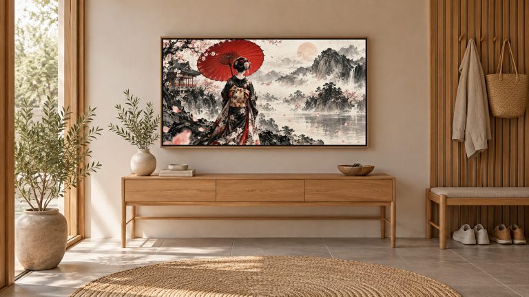 Geisha with Umbrella from Behind shown on a wall-mounted 16:9 TV in an entryway