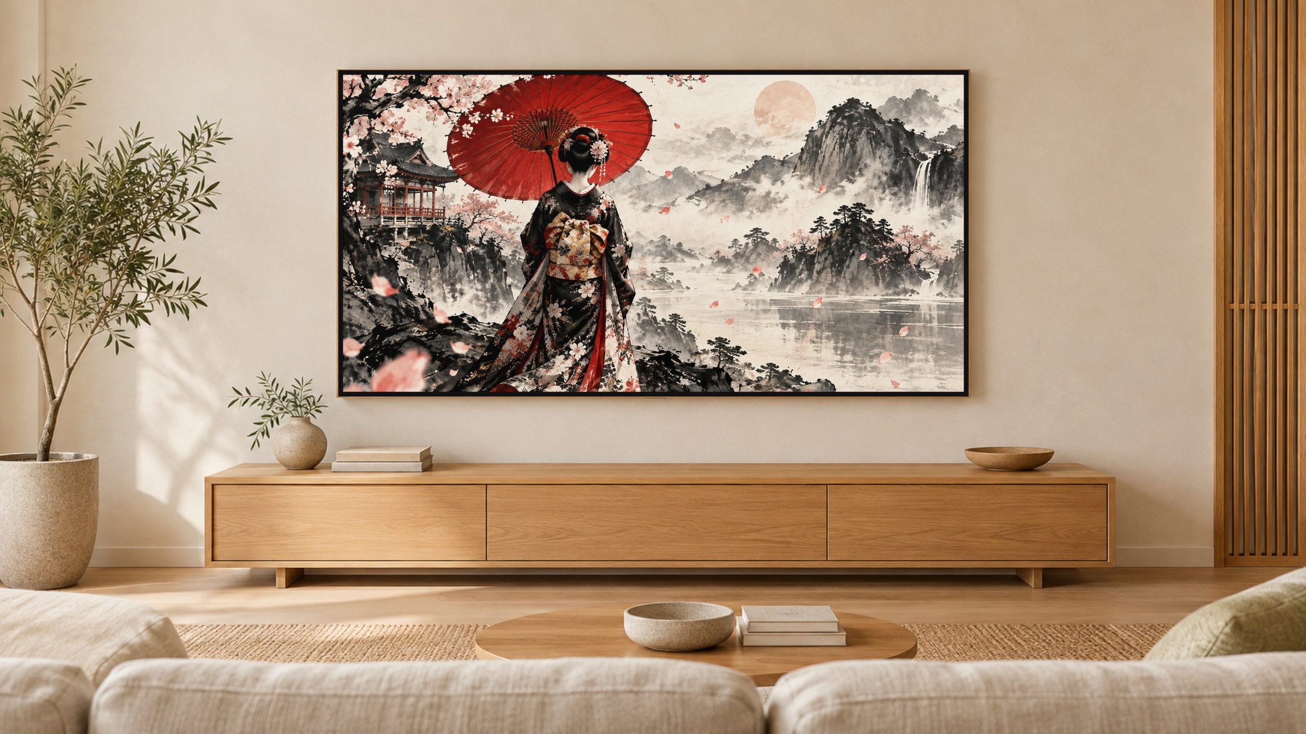 Geisha with Umbrella from Behind shown on a wall-mounted 16:9 TV in a living room