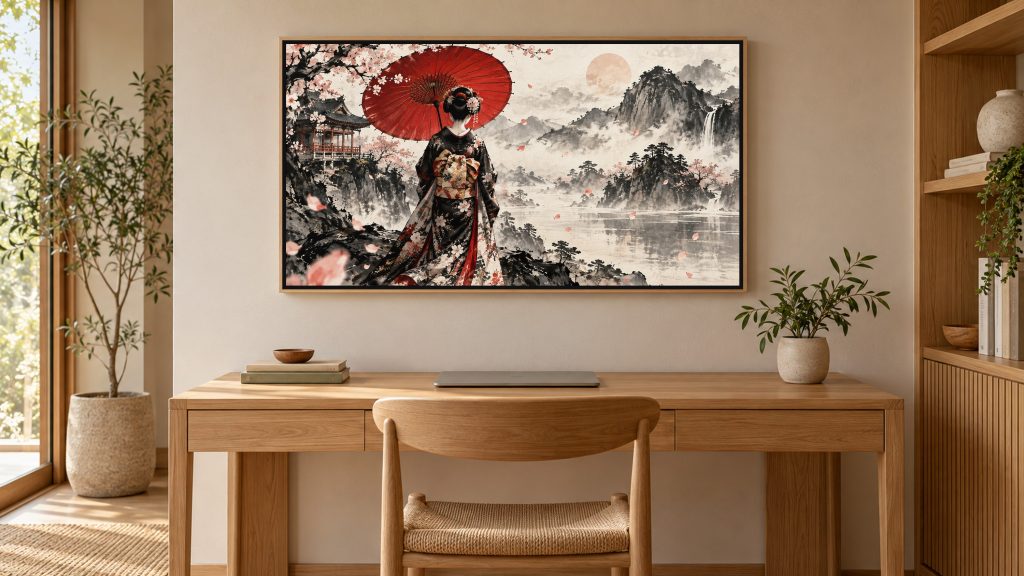 Geisha with Umbrella from Behind shown on a wall-mounted 16:9 TV in a home office