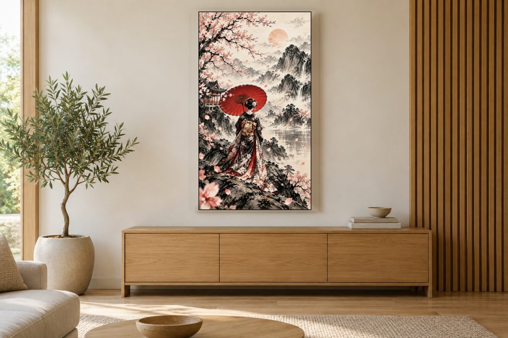Geisha with Umbrella from Behind shown on a vertically mounted TV in a room setting