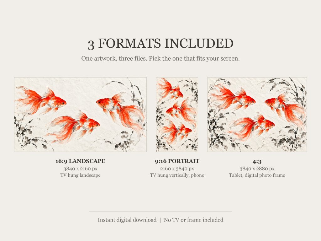 Goldfish in Ink and Vermilion: the three included formats, 16:9, 9:16 and 4:3