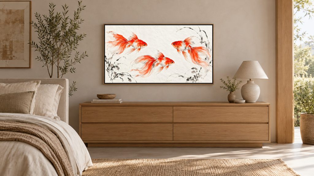 Goldfish in Ink and Vermilion shown on a wall-mounted 16:9 TV in a bedroom
