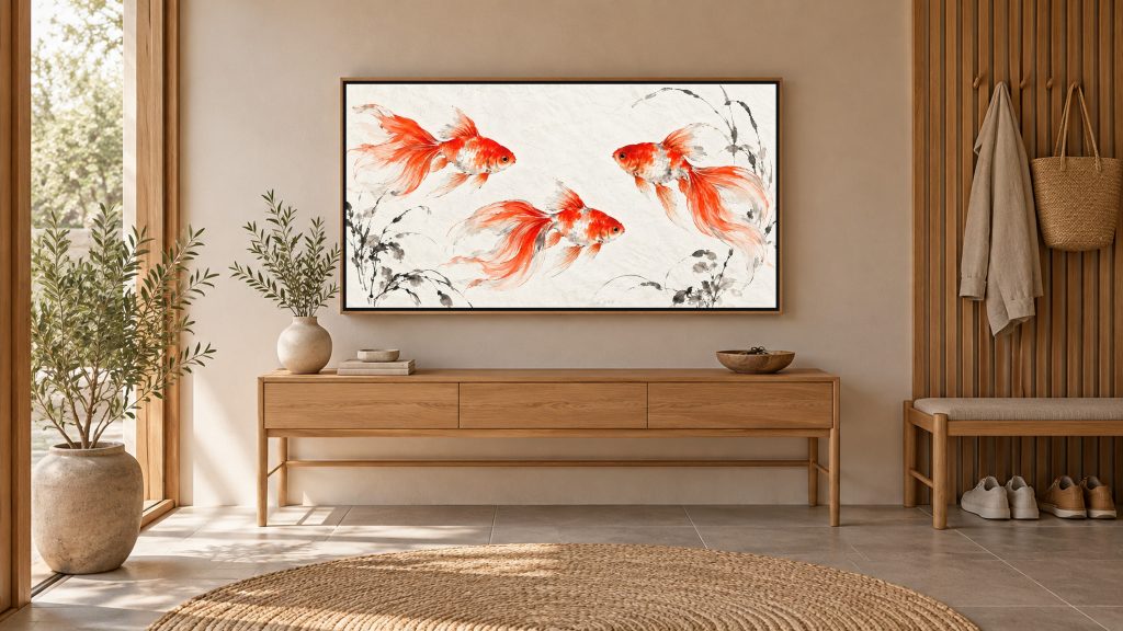 Goldfish in Ink and Vermilion shown on a wall-mounted 16:9 TV in an entryway