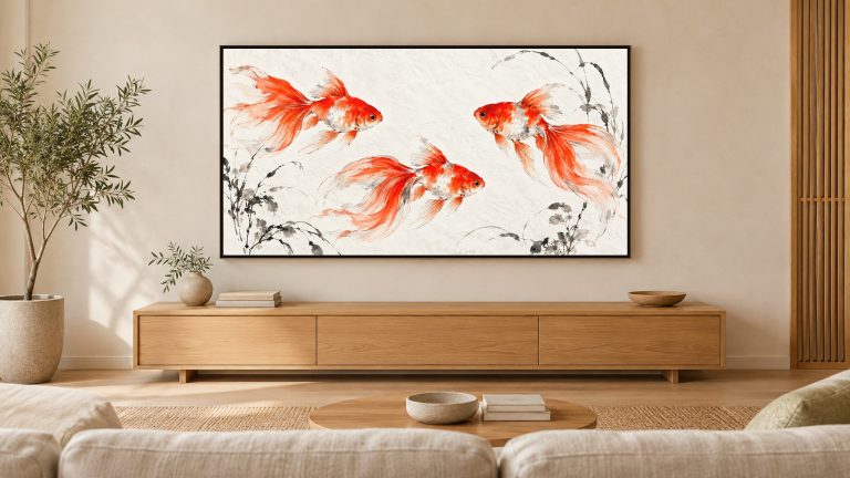 Goldfish in Ink and Vermilion shown on a wall-mounted 16:9 TV in a living room