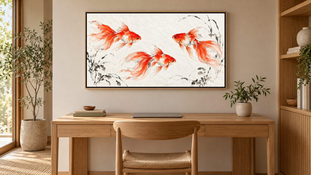 Goldfish in Ink and Vermilion shown on a wall-mounted 16:9 TV in a home office