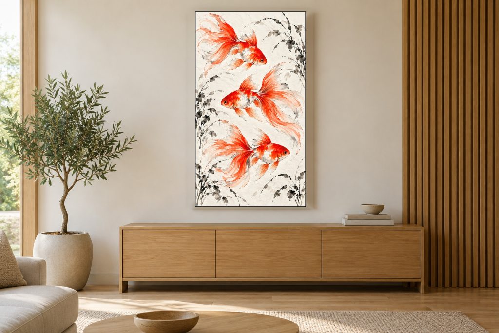 Goldfish in Ink and Vermilion shown on a vertically mounted TV in a room setting