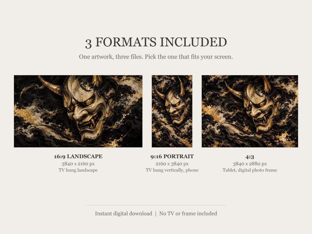 Hannya Mask Ink and Gold: the three included formats, 16:9, 9:16 and 4:3