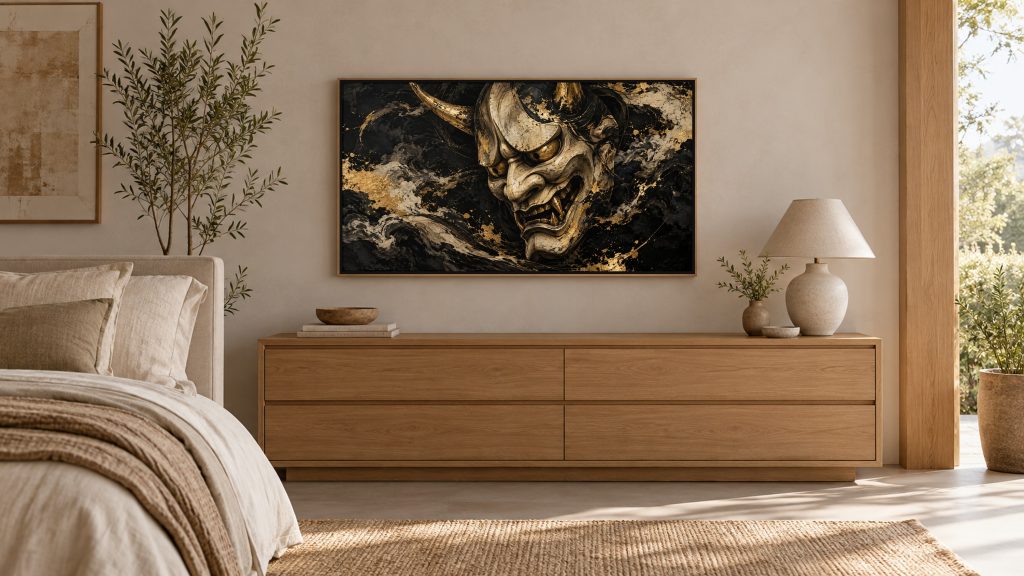 Hannya Mask Ink and Gold shown on a wall-mounted 16:9 TV in a bedroom