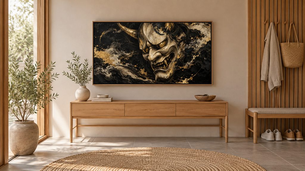 Hannya Mask Ink and Gold shown on a wall-mounted 16:9 TV in an entryway