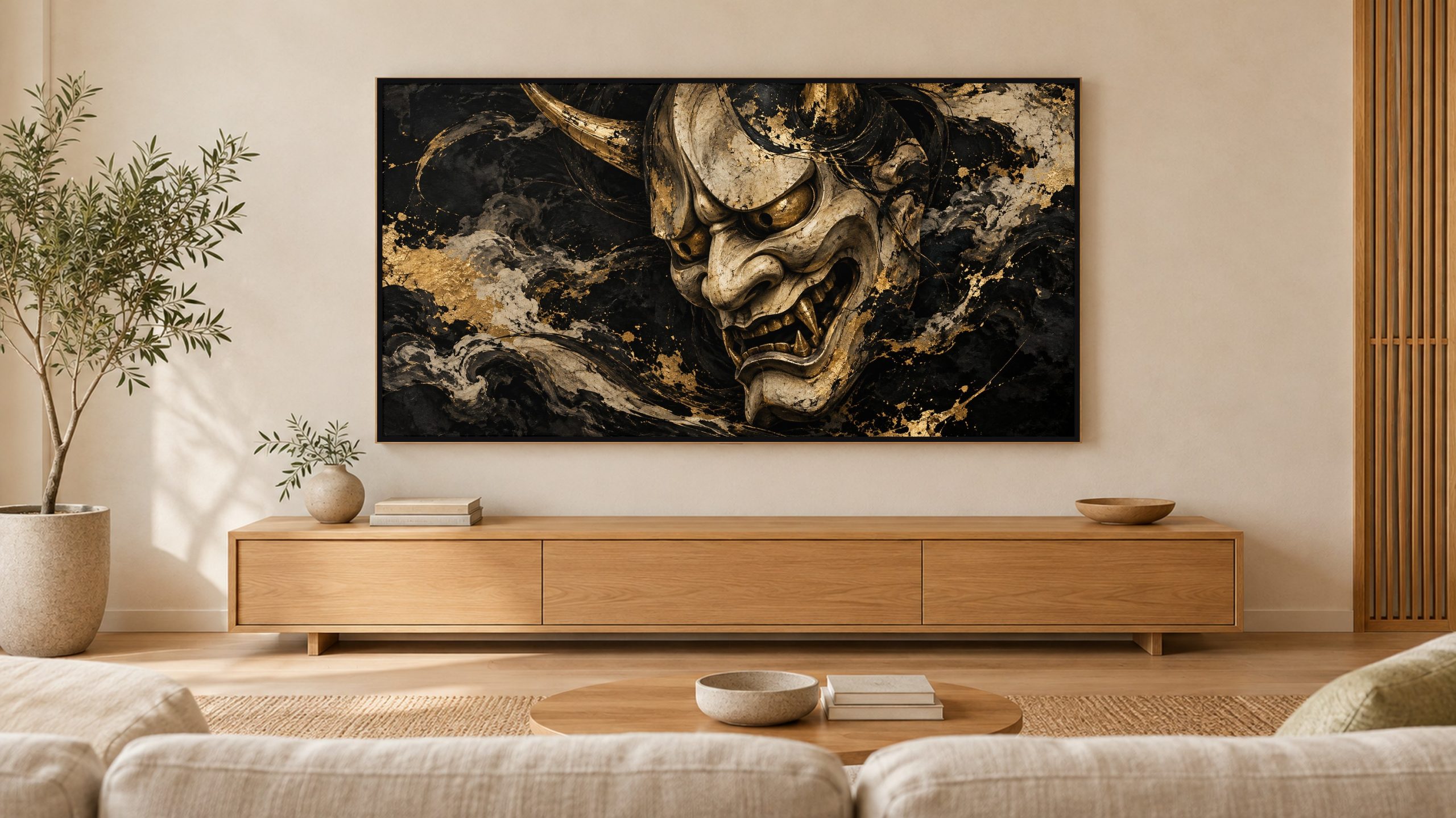 Hannya Mask Ink and Gold shown on a wall-mounted 16:9 TV in a living room