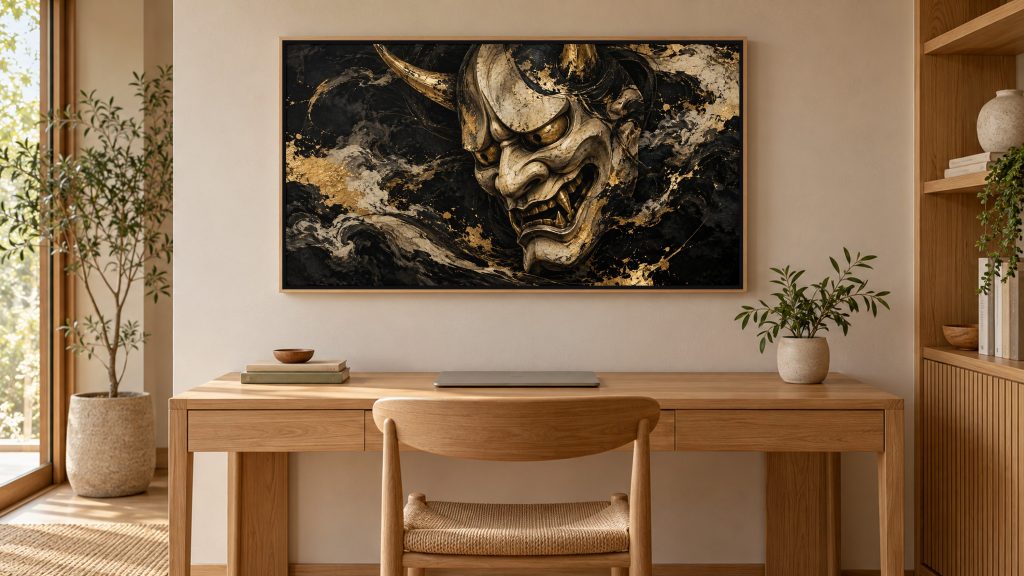 Hannya Mask Ink and Gold shown on a wall-mounted 16:9 TV in a home office