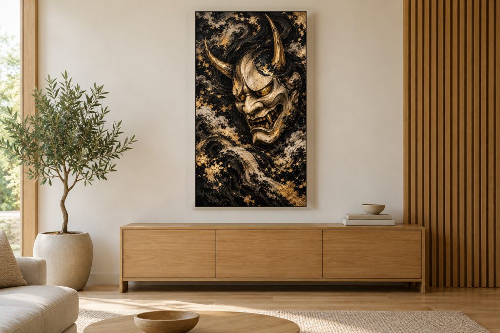 Hannya Mask Ink and Gold shown on a vertically mounted TV in a room setting