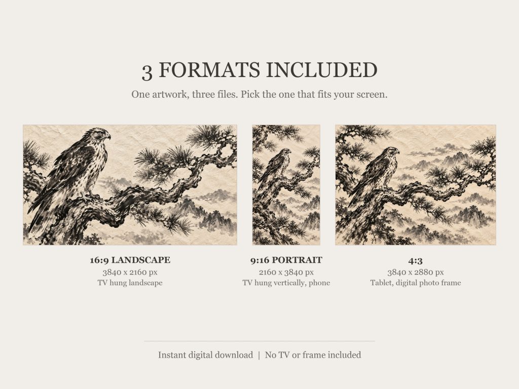 Hawk on a Pine Branch: the three included formats, 16:9, 9:16 and 4:3