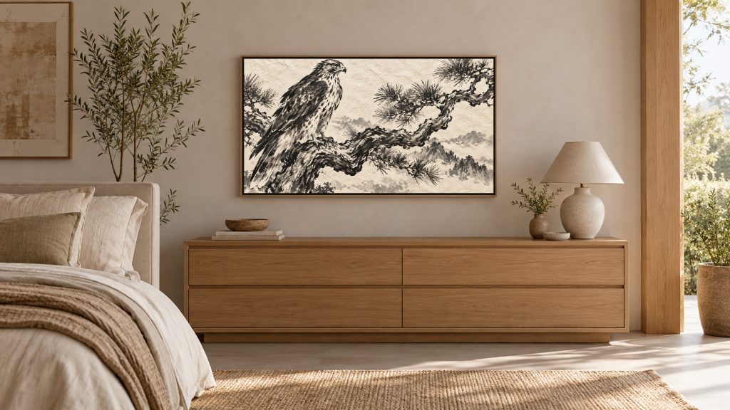 Hawk on a Pine Branch shown on a wall-mounted 16:9 TV in a bedroom