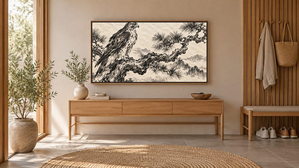 Hawk on a Pine Branch shown on a wall-mounted 16:9 TV in an entryway
