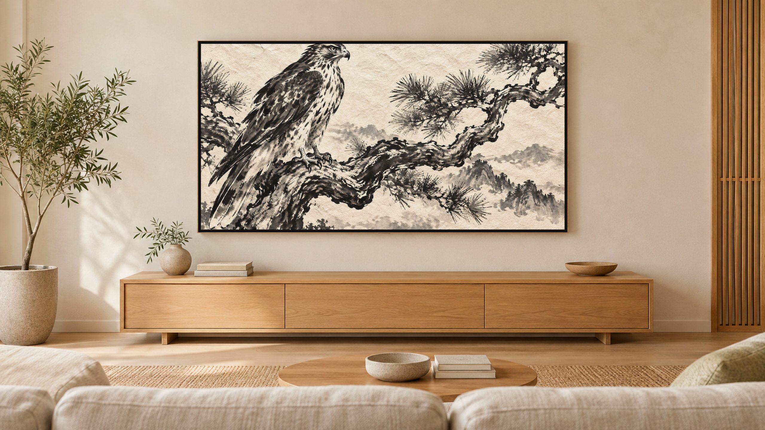 Hawk on a Pine Branch shown on a wall-mounted 16:9 TV in a living room