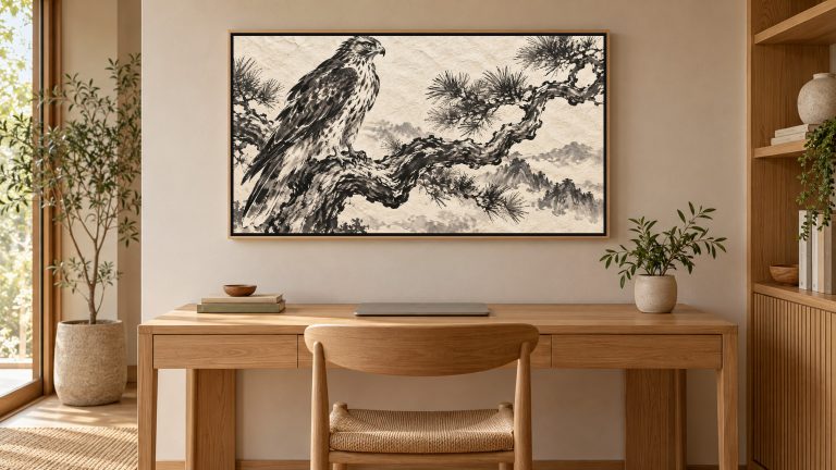 Hawk on a Pine Branch shown on a wall-mounted 16:9 TV in a home office
